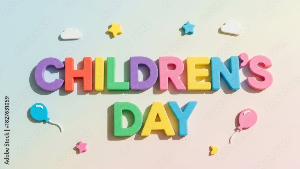 Obraz premium Brightly lit flat lay of 'Children's Day' spelled out in vibrant foam letters against a soft gradient background, adorned with playful clouds, stars, and balloons, evoking joy and celebration.