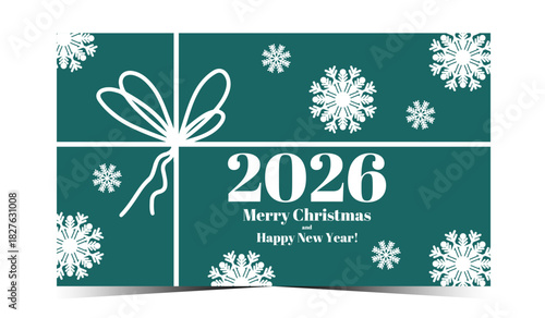 Winter snowflake greeting card for 2026 holidays,Transformative teal .2026 Merry Christmas and Happy New Year vector card