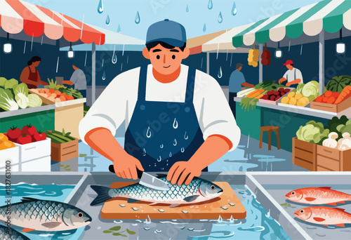 A fishmonger slices a fish on a cutting board at a bustling outdoor market, rain falling. Colorful stalls