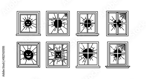 Collection of eight broken window illustrations with cracks and