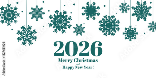 Christmas card in trendy turquoise with large snowflakes. 2026 Christmas and New Year Greeting Card with Snowflakes