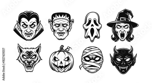Collection of Classic Halloween Monster Icons and Symbols.