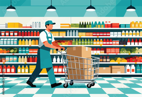 A worker in a teal uniform pushes a shopping cart with boxes through a store filled with shelves