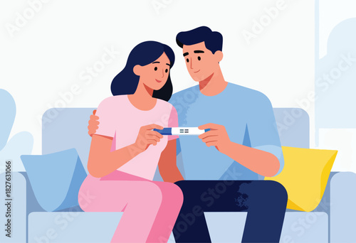 A couple, seated on a couch, looks at a positive pregnancy test. They embrace and appear hopeful
