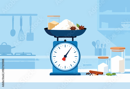 Illustration of a blue kitchen with a scale measuring ingredients, plus a few jars with contents and spices