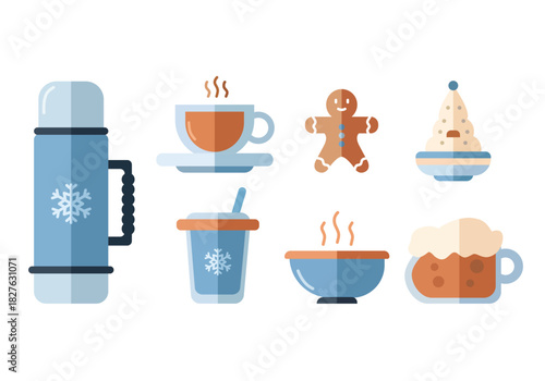 A set of flat design icons representing winter holiday drinks and food. Includes a thermos, coffee cup, hot chocolate, gingerbread man, dessert and soup bowl.