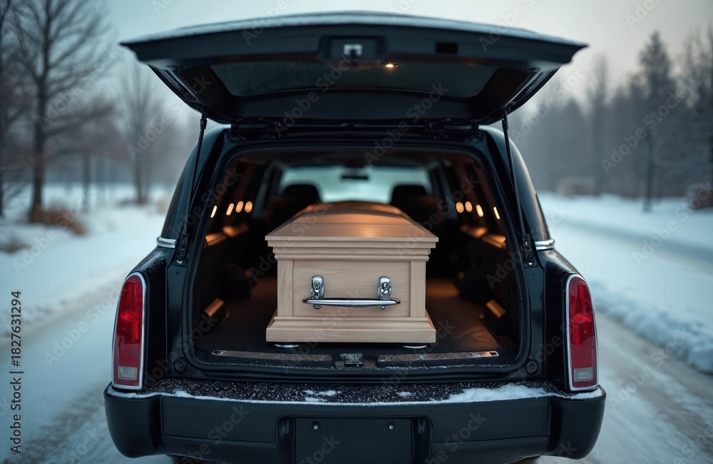 Obraz premium Light wooden coffin sits inside open trunk of black hearse car. Vehicle waits on snowy road in winter landscape. Scene shows funeral ceremony transportation service. Burial casket ready for grave