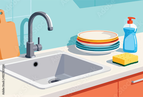 A kitchen scene with a sink, faucet, plates, soap, cutting board, and sponge. Clean, bright, and colorful
