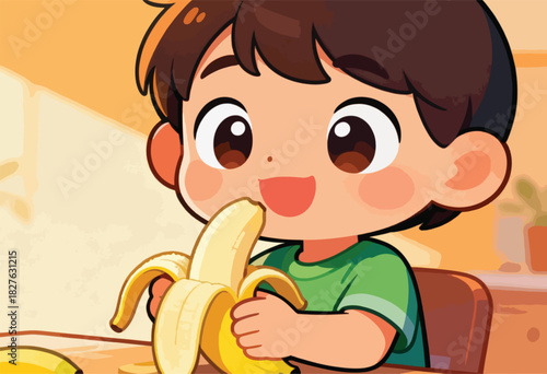 A cartoon child is holding a peeled banana and is about to take a bite, looking very happy