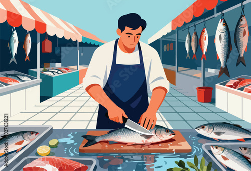A man in an apron, at a fish market, cuts a fish on a wooden board. Other fish displayed