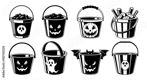 Collection of Halloween Trick or Treat Buckets with Spooky Desig