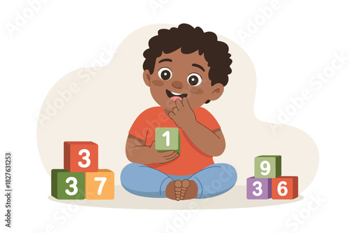 An illustration shows a child, surrounded by blocks with numbers, holding a block with "1" on it