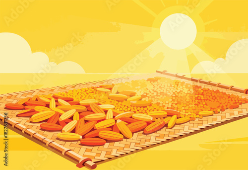 An illustration depicting various grains spread on a woven mat, sunlit, with clouds in the sky