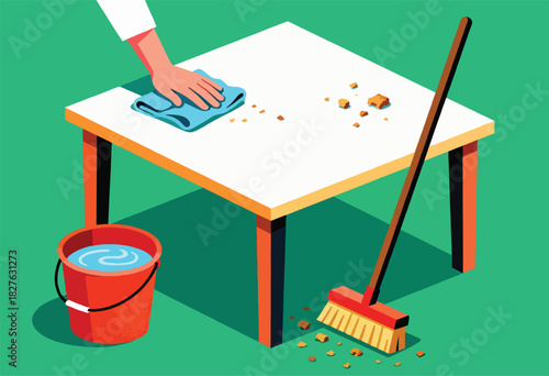 A person cleans a table with a cloth as crumbs are scattered.  A broom and bucket of water are nearby