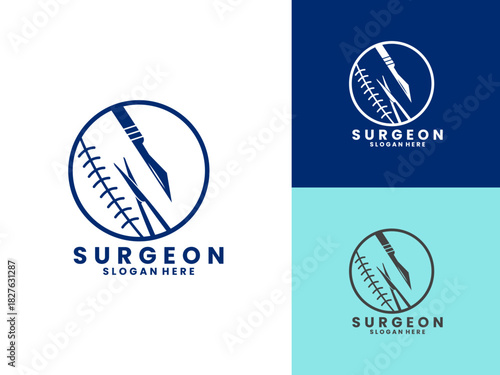 Surgeon with knife, scissors and circle logo design vector. Surgeon logo design vector template
