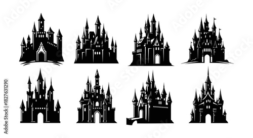 Collection of Eight Gothic Castle Silhouettes for Fantasy Design