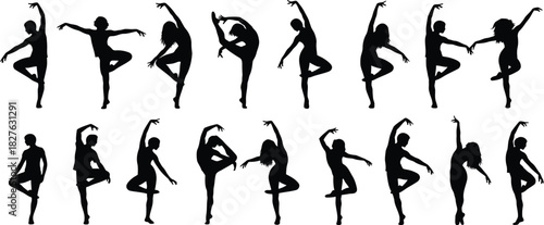Collection of ballerina silhouettes in various poses on a white background