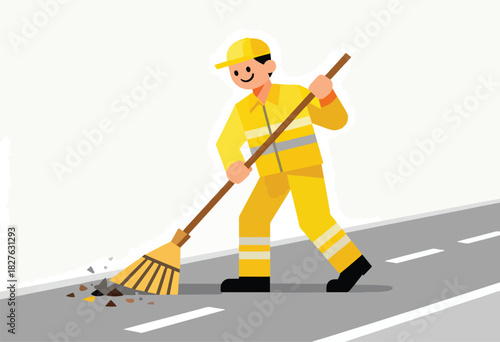 A smiling sanitation worker, in yellow overalls and cap, sweeps debris from a gray road with a broom