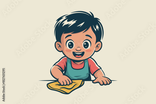 Cartoon child smiling while holding a yellow cloth, seemingly wiping something on a beige background