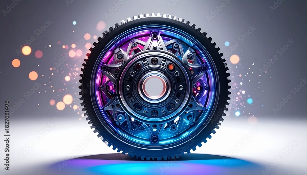 Obraz premium Brightly lit wheel with colorful effects showcasing modern design and technology for automotive enthusiasts