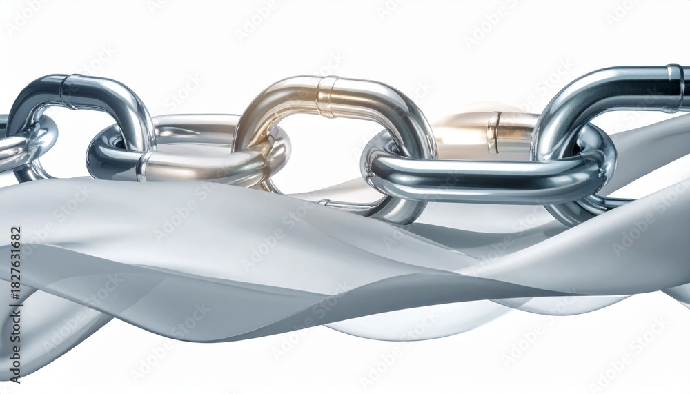 Obraz premium Metal chains interlinked with silver ribbon creating a dynamic visual effect in a bright setting