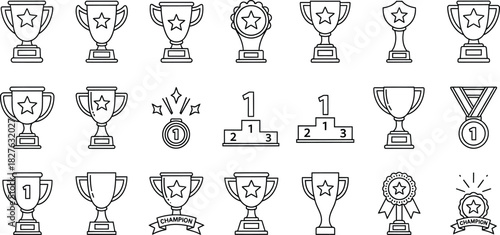 Collection of black and white line art icons representing various trophy, award, medal, and podium designs