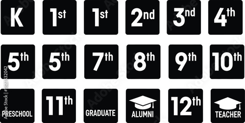Set of black and white educational grade level icons including preschool, kindergarten, and numbered grades up to twelfth