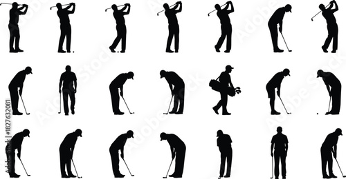Silhouette sequence illustrating the full motion of a golfer swinging a club