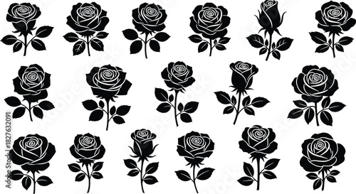 Collection of black silhouette rose flower icons with stem and leaf