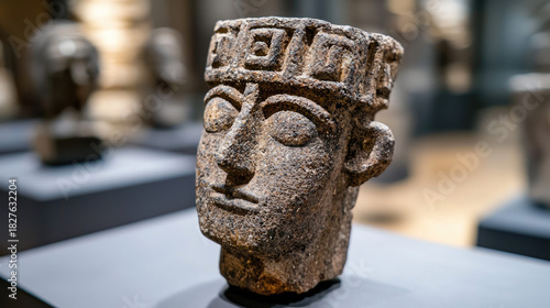 Ancient Stone Carving Depicting a Stylized Human Head with Geometric Patterns and Ornate Headdress displayed in a Museum Exhibition Soft Focus Background