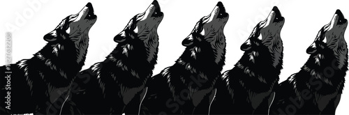 Row of black dog statues howling silently against a white background