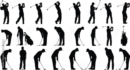 Collection of silhouette icons showing the sequence of a golfer executing a full swing and putting