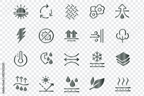 A comprehensive set of vector icons for fabric features, material properties, and textile qualities