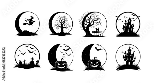 Halloween Themed Silhouettes Featuring Spooky Elements and Full