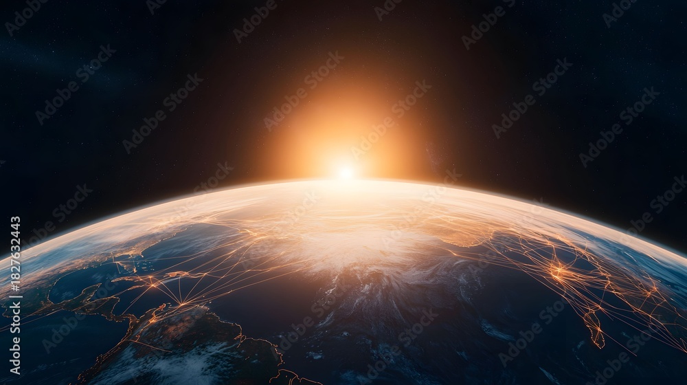 Obraz premium A stunning view from space shows Earth with a vibrant sunrise illuminating the horizon, and intricate networks of light connecting various regions on the planet.