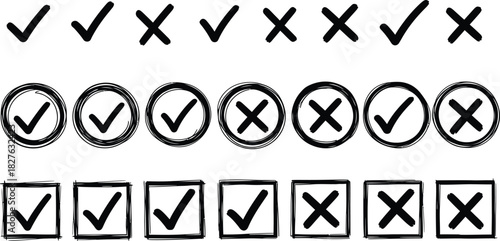 Set of hand drawn check mark and cross mark symbols in various styles