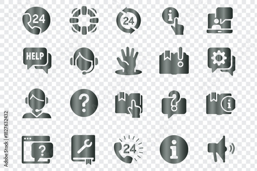 A set of vector silhouette icons for help, support, customer service, and information
