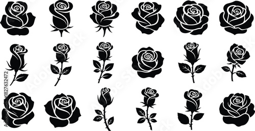 Collection of black silhouette rose flower icons in various stages of bloom