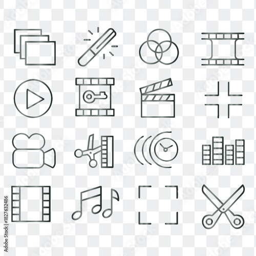 A diverse collection of minimalist vector outline icons for video, film, and multimedia editing projects