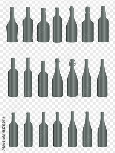 Collection of Diverse Realistic Grey 3D Vector Silhouettes of Wine, Spirit, and Champagne Bottles for Design Assets