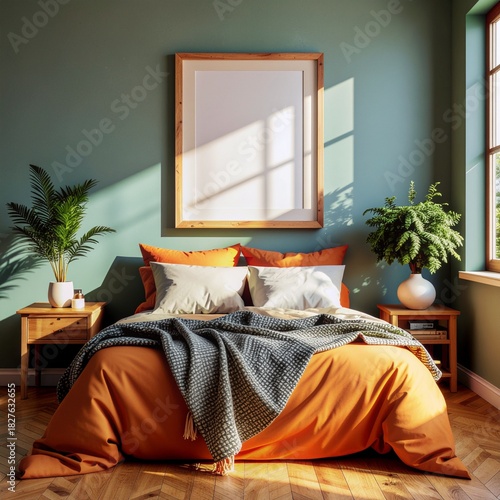 Serene Bedroom Interior: A sunlit, inviting bedroom with warm, earthy tones features a cozy bed with an orange duvet and pillows, complemented by wooden bedside tables, lush plants.