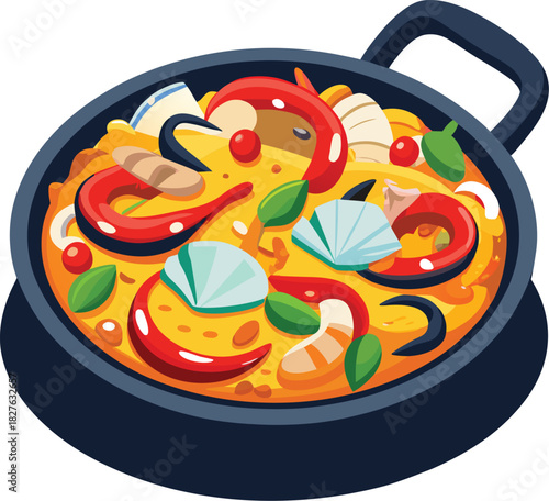 Seafood Paella Illustration with Shrimp, Mussels, Squid, and Yellow Rice in Black Panwork