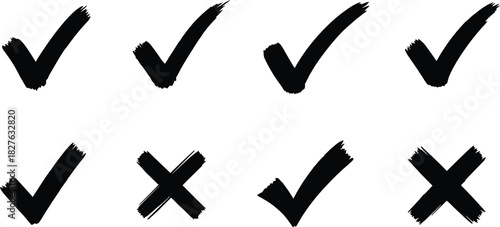 Set of hand drawn black check mark and cross symbols