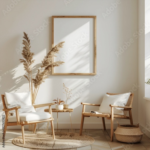 Serene Interior Decor: A minimalist living space, furnished with wooden elements and natural textures, creating a calming ambiance perfect for relaxation. 