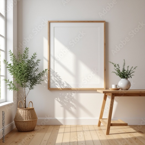 Serene Interior: A blank framed art piece hangs on a wall, complemented by natural sunlight and botanical decorations, creates a clean, peaceful atmosphere for creative space.