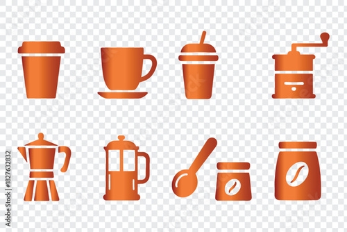 Coffee and Cafe Gradient Icons Set, Featuring Cups, Beans, Grinders, Pots, Spoons, and Canisters