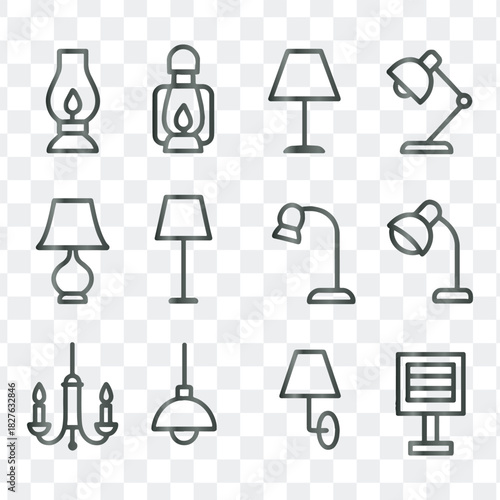Lighting Fixtures and Lamp Line Icons Set, Including Chandeliers, Desk Lamps, Floor Lamps, and Bulbs