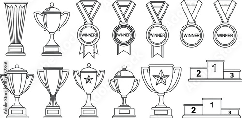 Collection of black and white line art icons for trophy, medal, and winner podium