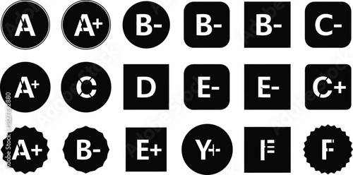 Set of black and white academic grading symbols including a, b, c, d, e, f, and plusminus variations