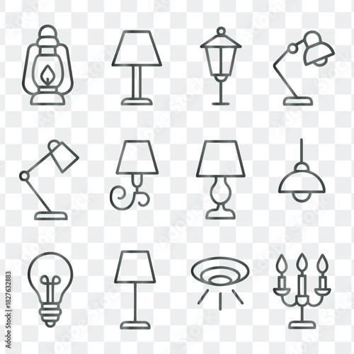 Lighting Fixtures and Lamp Line Icons Set, Including Chandeliers, Desk Lamps, Floor Lamps, and Bulbs